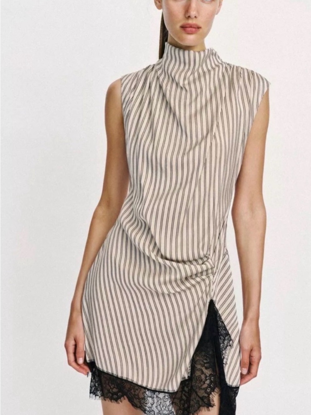 Zara Beige and Black Striped Sleeveless Mini Dress with Lace Hem